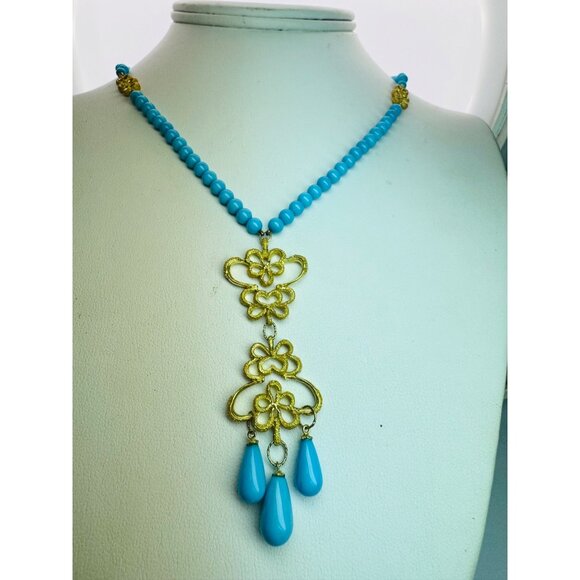 Estate Vintage 18K Gold Turquoise Beaded Necklace Handmade Dangle Drop 18" 26.8g - Picture 1 of 9